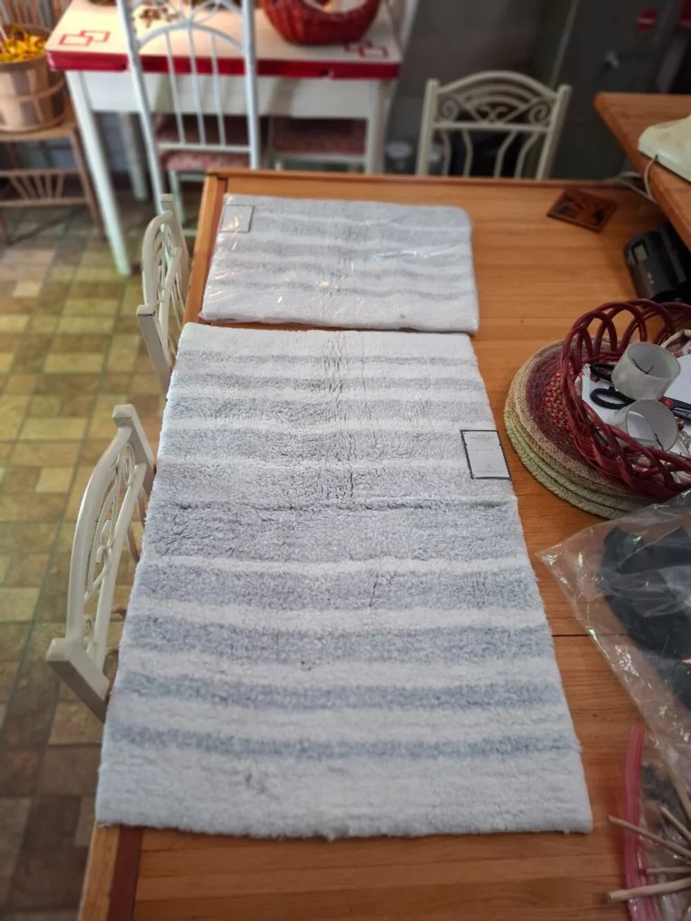 Two 20 x 32 Threshold Gray/Blue & White Stripe Bath Bathroom Rugs NWT